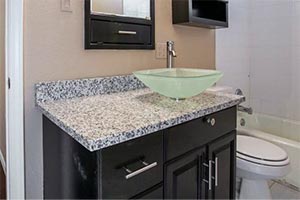 Pauline Gray Granite Bathroom with Expresso Cabinets